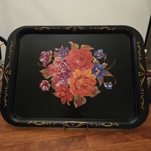 vintage hand painted toleware black floral metal tray